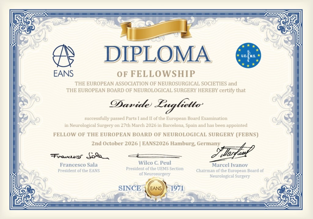 Diploma EANS Dottor Davide Luglietto Neurochirurgo
